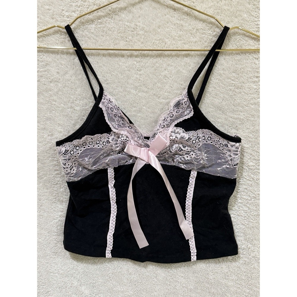 Black Camisole With Pink Lace And Bow Tank‎ Top Coquette Fairy Festival Lingerie